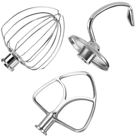 3er Zubehör Set aus Edelstahl für KitchenAid 4.5-5 Quart Kippkopf-Standmixer Artisan & Classic Serie von MMOBIEL – K45 6-Drahtiger Schneebesen, Flachrührer und Knethaken – Spülmaschinenfest