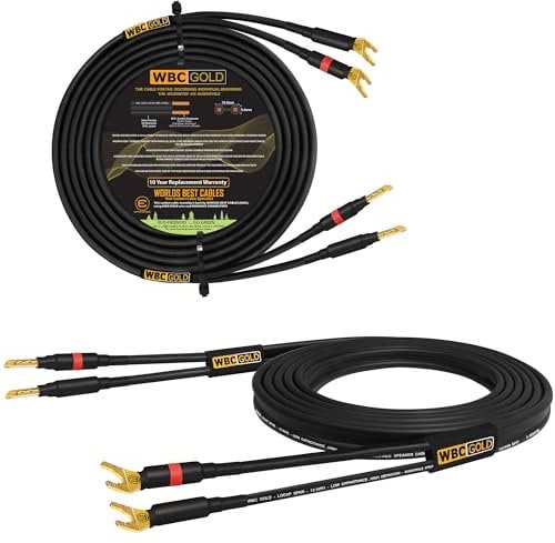 WORLDS BEST CABLES 8 Foot WBC-GOLD-LOCAP-SPKR-12 AWG - Low-Capacitance - Low-Inductance - High Purity OFC - Audiophile HiFi Speaker Cable Pair with Eminence Gold Banana (x2) & Spade (x2) Plugs