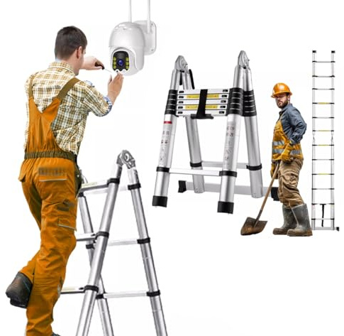 3.8M Lightweight Ladders Telescoping Ladder 12.5FT Dual Purpose Metal Telescopic Ladder with Stabilizer Bar&Non-Slip Feet 330lb Load Capacity(1.9M+1.9M)