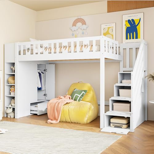 Lcoho Hochbett, 90x200cm, Stauraumleiter, Regale, klappbarer Stauschrank, freier Platz unter dem Bett zum Verkleiden, Geländer in Liebesform, ohne Matratze, Weiß