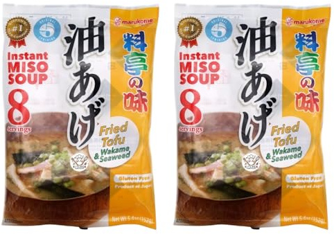 Marukome Instant Ryoutei-No-Aji Miso Soup Original 152g 8 servings with Chunks, Made in Japan, Gluten-Free, No MSG (Pack 2, Aburaage Fried Tofu & Wakame seaweed)