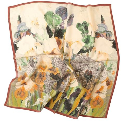 Prettystern 65x65 cm Foulard in seta 100% per donna – Sciarpa leggera lilla con stampa di iris colorati, elegante e femminile KS06