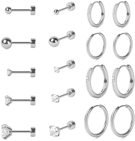Vicloon Boucles d'Oreilles Set, 9 Paires Femmes Acier Inoxydable Creoles Ensemble Petite Clous Hypoallergéniques Cartilage Helix Oreille pour Multiple Piercing (Argent)
