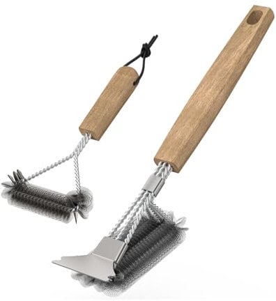 Grillbürste (2 Stück), Grill Reinigungsbürste mit Holzgriff, 39cm Grillbürste mit Edelstahl Schaber, dichte Edelstahlborsten, Dreieckig 360° Grill Drahtbürste Grillzubehör