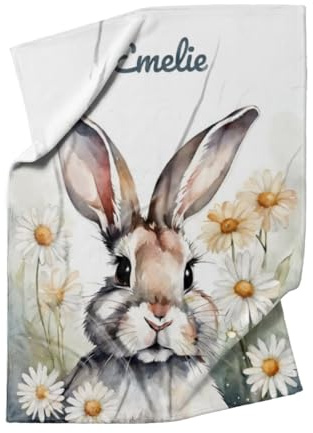 fotobar Babydecke mit Namen personalisierbar, Kuscheldecke, Namensdecke mit Häschen, Geschenkidee Geburt Motiv Hase Blümchen 75 x 100 cm