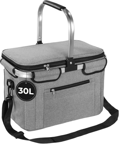 OUSFOT Einkaufskorb, 30L Picknickkorb Mutti Korb Faltbar Grau mit Deckel Perfekt für Shopping, Picknicks und Outdoor Aktivitäten