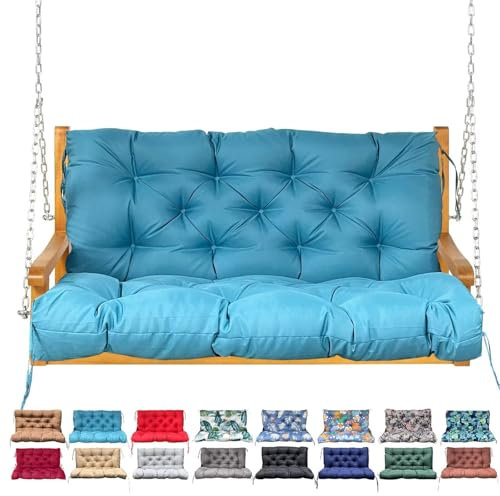 Garden Bench Cushion, Waterproof 2/3 Seater Swing Seat Cushions With Backrest & Ties, Replacement Cushions for Outdoor Furniture, Outdoor, Backyard and Garden,Sky Blue,120*100*10cm/47*40*4inch