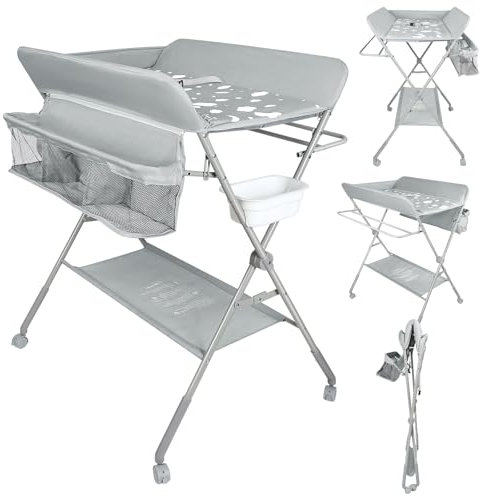 homewell Wickeltisch, Baby Wickelkombi Faltbar Tragbar, Höhenverstellbar, Klappbare Wickelkommode mit Aufbewahrungskorb und 4 Rollen, Platzsparend & Stabil (Hellgrau)