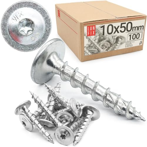 LUN FIX Pfostenschrauben 10x50 mm 100 Stk TX Schrauben, Tellerkopfschrauben | Holzschrauben Torx 40, Vollgewinde Pfostenanker, Stahl Verzinkt Für Pfostenträger, Bodenhülsen, Balkenschuhe, Holz Montage