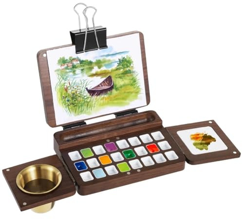 Dytabepl Pocket Aquarell Set mit 24 Fächern, Travel Aquarellpalette Aus Walnussholz, Wood Mini Skizzenbuch Palette, Faltbar, Leere Palettenbox, Farbwanne für Maler, Künstler & Outdoor