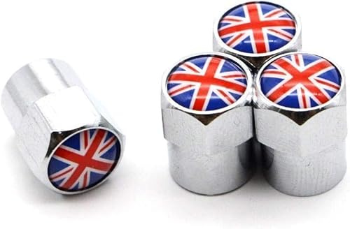 Ventilkappen für Autoreifen, silberfarben, Aluminium-Legierung/Kupfer, britische Nationalflagge, Autoreifen, Luftkappen, luftdichte Abdeckungen, Reifenventilschaftkappen, Ventilschäfte und Kappen
