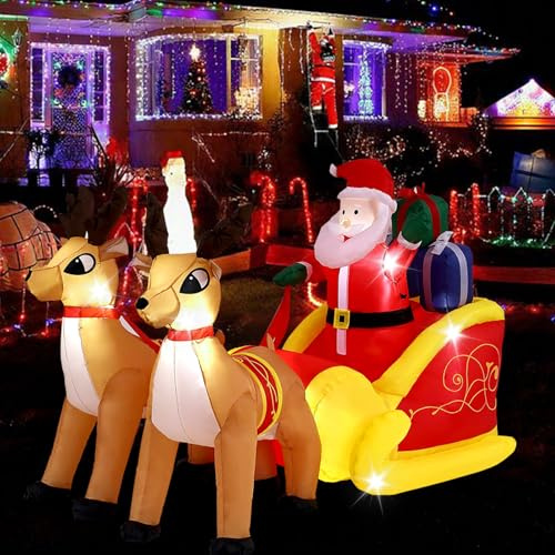 XXL Weihnachtsmann Schlitten aufblasbar 240cm - Santa Claus Deko LED beleuchtet mit Befestigungsmaterial Weihnachtsdekoration
