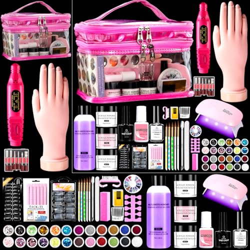 Acrylic Nail Kit for Beginners with Everything, Practice Hand&Pink Gift Bag | Nail Starter Kits with 3 Acrylic Powder,Monomer,UV Lamp, Drill,Nail Art Decoration Tools Manicure Full Set for Home Salon Use