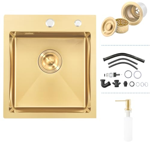 Fregadero de Cocina Oro, 1 Lavabo Empotrado Acero Inoxidable, Oro, Rectangular, Para Empotrar Fregadero de Cocina Individual 40x40x20cm