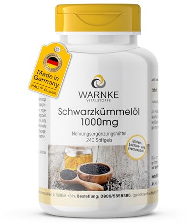 Schwarzkümmelöl 1000mg - 240 Softgels - 1000mg pro Softgel - kaltgepresst - original Nigella sativa - HOCHDOSIERT - Deutsche Apothekenqualität | Warnke Vitalstoffe