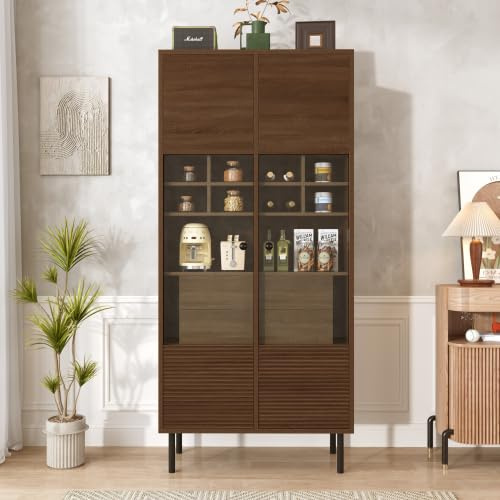 gonew21 Vitrinenschrank in Nussbaum-Optik mit Glasfront & 4 Schubladen, 75 cm Aufbewahrungsschrank für Bad/Wohnzimmer/Büro, Mehrzweck-Schrank mit Etagenregal & Barregal, Hochschrank