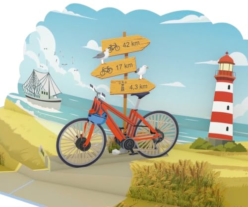 MOKIO® Pop-Up Karte – Fahrrad am Meer – 3D Grußkarte | als Reisegutschein zum Geburtstag für Nordsee oder Ostsee Urlaub, Geburtstagskarte für Radfahrer, Strandreise oder Radtour