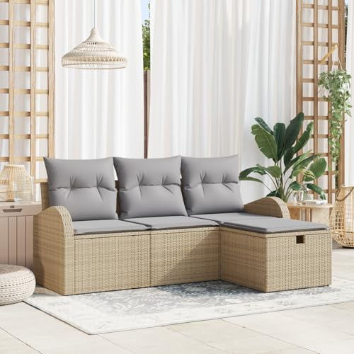 ZQQLVOO 4-TLG. Garten-Sofagarnitur mit Kissen Beige Poly Rattan Eckcouch für Balkon und Terrasse mit Stauraum und wetterfestem Design