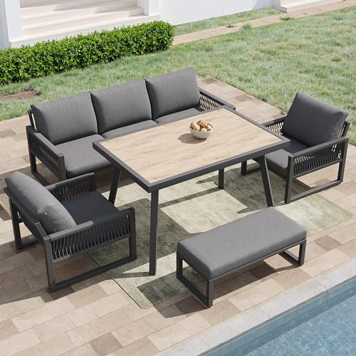 Xwiny Gartenmöbel Set aus Seil, Wetterfestes Terrassen Sofa Set, 5-teiliges, 1 Dreisitzer-Sofa, 2 Einzelsofa, 1 Hocker, 1 Tisch, Terrassenmöbel, Alle Kissen Inklusive