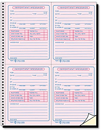 Tops Phone Message Book, Spiral Bound, 2-Part, Carbonless, White and Canary, 4 Messages per Page, 400 Sets (4009)