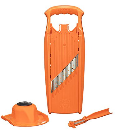 Coupe-légumes Onde-Gaufre Börner PowerLine + Porte-Fruit + Épulcheur (3 pièces) • Coupe-légumes Ondulé/Gaufré • Set pour Frites & Gaufrettes de Pommes de Terre (Orange)
