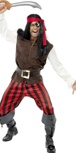 Smiffys 32775L - Herren Piraten-Schiffskamerad Kostüm, Oberteil, Hose, Stirnband und Gürtel, Größe: L, braun