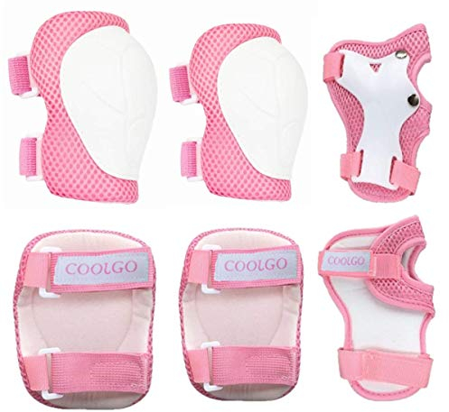 COOLGO Kit de Protection Roller Enfant, Coudière Genouillère Protège Poignet Enfant Set de 6 Protections (Knee+Elbow +Wrist) Support Pad pour BMX, Skateboard, Roller, Vélo, Patin à Glace (Rose)