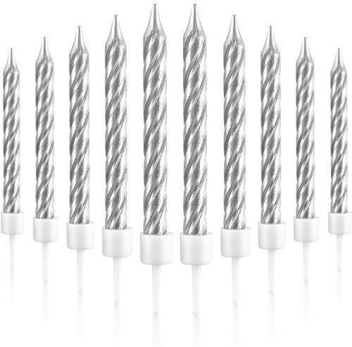 Blulu 50 Pieces Spiral Birthday Candles Metallic Cake Cupcake Candles for Birthday Wedding Party Decorations(Silvery)