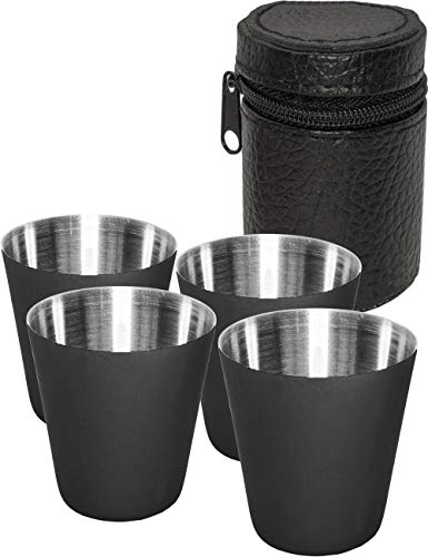 Outdoor Saxx® Juego de vasos de acero inoxidable de 5 piezas, 4 vasos con bolsa de cuero, gran idea de regalo, color negro