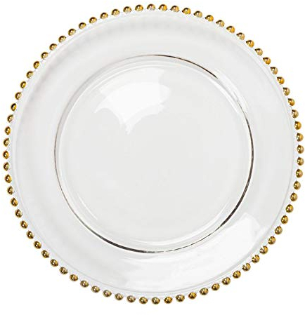 EME Pack Bajoplatos Presentación Perlas Oro Dorado en Vidrio Transparente con un Bonito Detalle de Perlas en Oro Dorado por todo el borde. 33 cm diámetro. Incluye 6 Unidades.