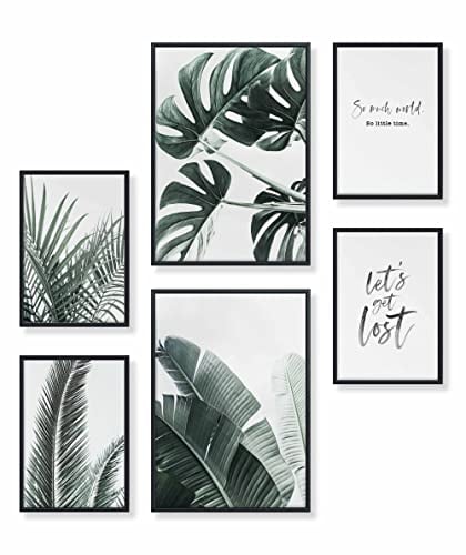 Heimlich® Premium Poster Set mit Bilderrahmen Aluminium Schwarz | 2 x DIN A3 & 4 x DIN A4 - ca. 30x42 & 21x30 | Stilvolle Poster Collagen mit passenden Bilder als Wanddeko » Palmen & Monstera «