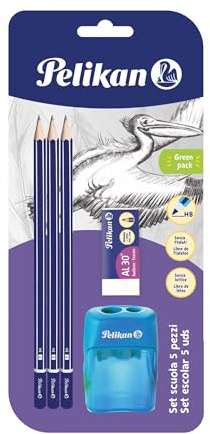 Pelikan Schul-Set, 3 Bleistifte Graphit 2B, 1 Radiergummi AS30, 1 Doppelanspitzer (Rosa oder Blau), phthalatfrei und latexfrei, hergestellt in Deutschland.
