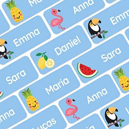 My Nametags® Award-Winning Name Stickers for Clothes & Items | 56 No-Iron, Washable Stick-On Tags for Babies, Kids & Adults | Tropical Stickers (Blue)