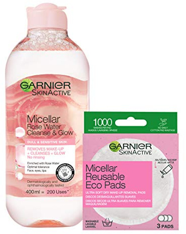 Garnier Ultimate Cleansing Duo | 1x Garnier Micellar Rose Cleansing Water 400ml, Glow Boosting Face and Eye Makeup Remover & Set Of 3 Micellar Eco Pads, Reusable Eco Friendly Makeup Remover Pads