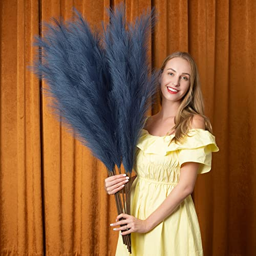 EVODIS Erba pampa artificiale, 6 steli, erba della pampa artificiale, 109,2 cm, in totale, extra large, alta pomposa, decorazione per la casa, per matrimoni, feste, colore: blu