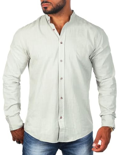 Carisma Herren Leinen Baumwoll Mix Stehkragen Hemd Langarm Regular fit 8389, Grösse:M, Farbe:Light-Khaki