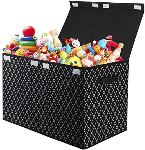 VERONLY Toy Box Large Kids Storage Chest with Lid, Black Foldable Clothes Storage Boxes for Wardrobe, Fabric Collapsible Basket Container with Handles for Toys,Bedroom,Nursery