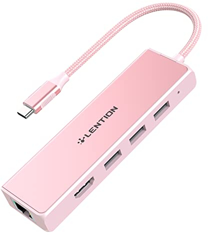 LENTION Hub USB C a HDMI 4K, Ethernet 1000M, 3 Dongle USB 3.0, Adattatore per 2023-2016 MacBook Pro M2 M1, Nuovo Mac Air, iPhone 15 Plus Pro Max, Surface Pro 9, Chromebook (C25, Oro Rosa)