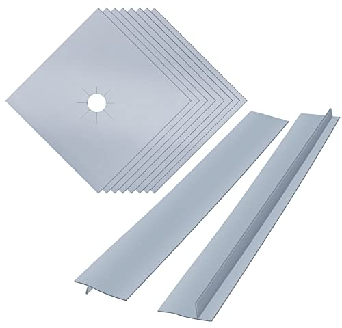 8 Pcs Gas Hob Covers for Gas Cookers, MSDADA Reusable Stove Burner Covers with 2 Pcs 30” Stove Counter Gap Cover, Non-Stick Gas Hob Range Protectors, Induction Hob Protector Mat(8 Silver+2 Grey)