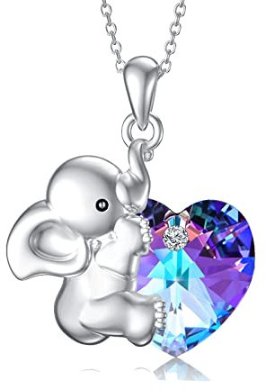 Flpruy Kette Elefant Damen, Elefant Geschenk 925 Sterling Silber Süße Tier Halskette Elefanten Anhänger mit Österreichischer Herzkristall, Elefantenschmuck Geschenke für Mädchen Mama Frauen (Violett)