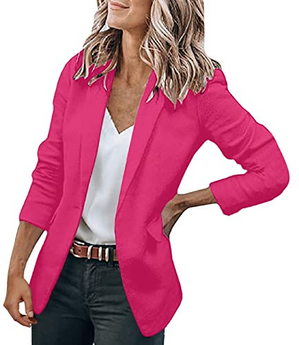Blazer Femme Business,Femme Élégant Blazer à Manches Longues Slim Fit Un Bouton OL Bureau Affaires Veste De Costume Devant Ouvert Manteau Cardigan Blouson Jacket Automne avec Poche (Rose vif, XL)