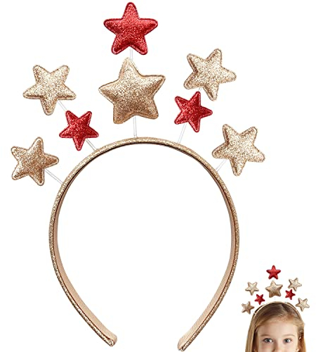 VZXQX Weihnachten Sterne Haarreifen, Haarreif Glitzer Gold Rot Sterne Stirnband für Damen Mädchen, Weihnachten Haarschmuck Stern Haarband für Geburtstag Party Festival