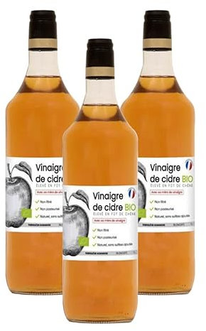 Vinaigre de cidre avec sa mère de vinaigre - Non filtré, non pasteurisé, sans sulfites ajoutés - Élevé en fût de chêne - Fabriqué en Normandie - Made in Calvados (3 bouteilles)