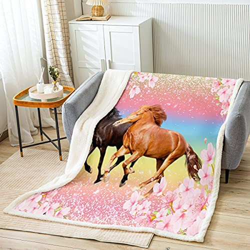 Filles Cheval Sherpa Couverture 150x200cm Chevaux Rose Floral Couverture Galloping Farmhorse Blossom Flower Ensembles de Couvertures en laine Wild Animal Cherry Blossom Glitter Fille Chambre