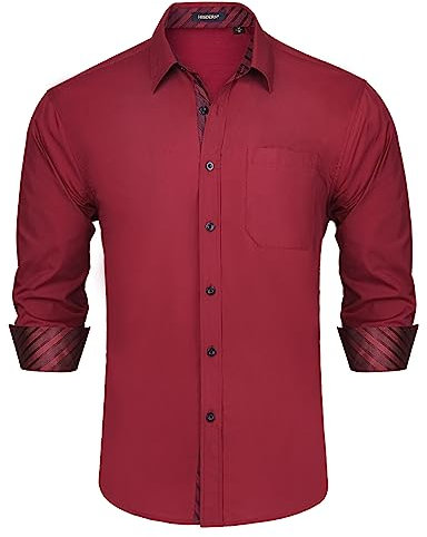 HISDERN Hemd Herren Burgundy Rot Freizeithemd Formelle Businesshemden Freizeithemden Langarm Hemd Klassisch Regular Fit Hemden XL