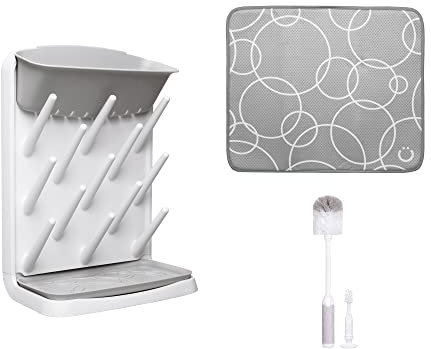 Ubbi Égouttoir Vertical pour biberons, Brosse à biberons et Tapis de séchage en Microfibre, Essentiels pour Nouveau-né, indispensables pour liste de Naissance, Cadeau pour Nouveaux Parents, Gris