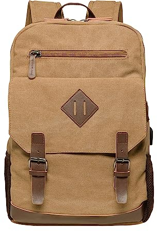 KAUKKO Retro Rucksack für Damen Herren, Vintage Daypack Schulranzen mit 15 Zoll Laptopfach für Arbeit, Uni, 25L, Braun-KF19