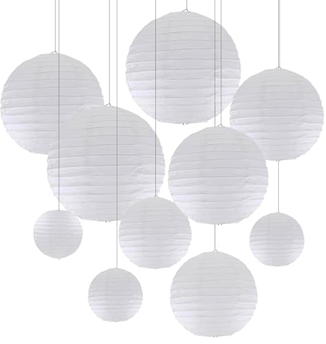 ZYOOO 10 Stück Weiße Papierlaterne Lampion rund Lampenschirm (Set 2 Farben à 25cm, 20cm,15cm,10cm) Lampions Hochzeit,Deko Gartenparty,Bride to Be Deko