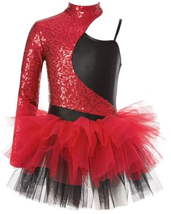 FEESHOW Girls' Ballet Tutu Dress Glitter Sequins Dance Leotard for Ballerina Outfit Gymnastics Bodysuit Dancewear Red 9-10 Years