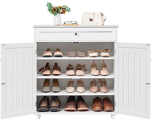 Yaheetech Shoe Cabinet, Wooden Storage Cabinet Organizer with 1 Drawer & 2 Doors, Modern 4-Tier Shoe Rack with Adjustable Shelves for Living Room, Hallway, Bedroom, White